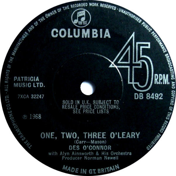 Des O'Connor - One, Two, Three O'Leary - Used Vinyl Record 7"