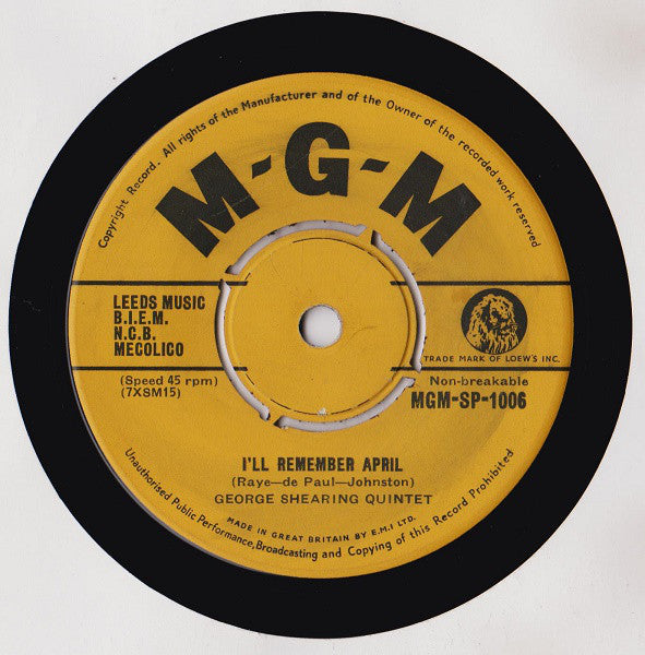 George Shearing Quin - I'll Remember April - Used Vinyl Record 7"