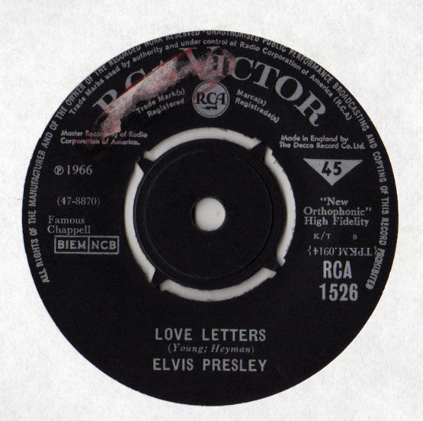 Elvis Presley - Love Letters - Used Vinyl Record 7"