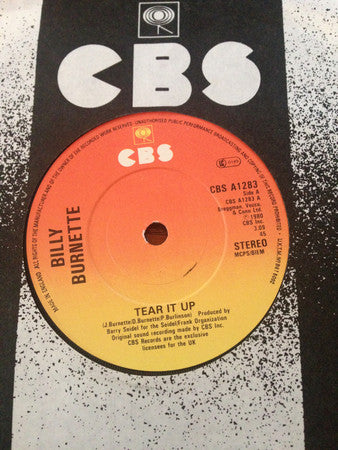 Billy Burnette - Tear It Up - Used Vinyl Record 7"
