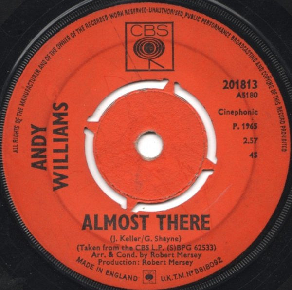 Andy Williams - Almost There - Used Vinyl Record 7"