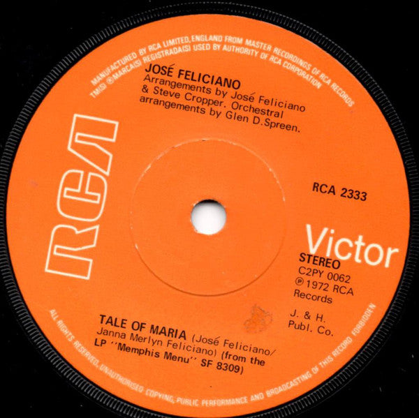 Jose Feliciano - Tale Of Maria - Used Vinyl Record 7"