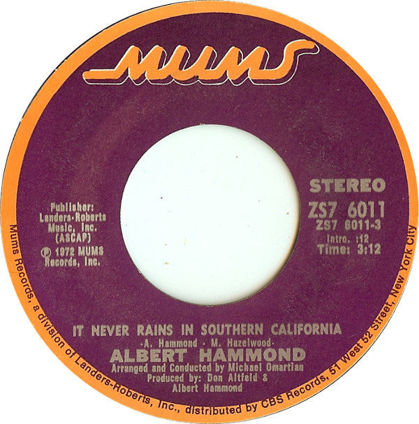 Albert Hammond - It Never Rains In Southern California - Used Vinyl R