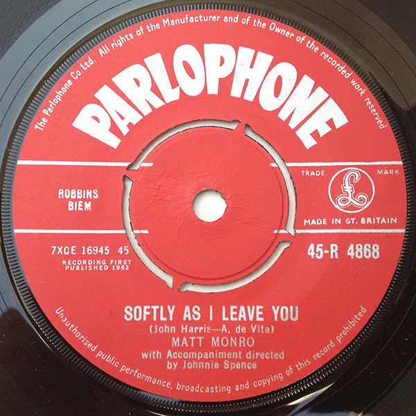 Matt Monro - Softly As I Leave You - Used Vinyl Record 7"
