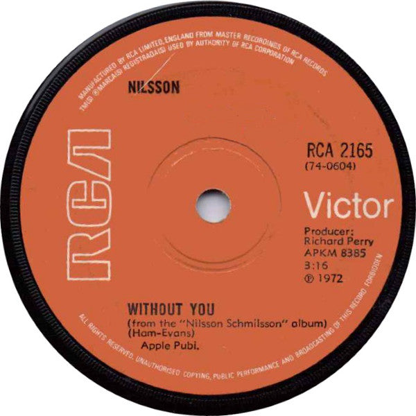 Harry Nilsson - Without You - Used Vinyl Record 7"