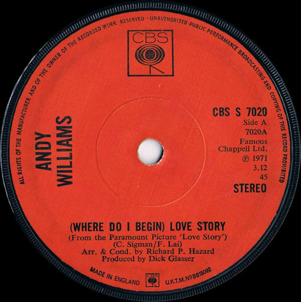 Andy Williams - (Where Do I Begin) Love Story - Used Vinyl Record 7"
