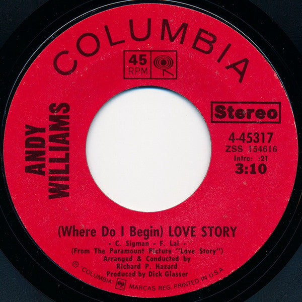 Andy Williams - (Where Do I Begin) Love Story - Used Vinyl Record 7"