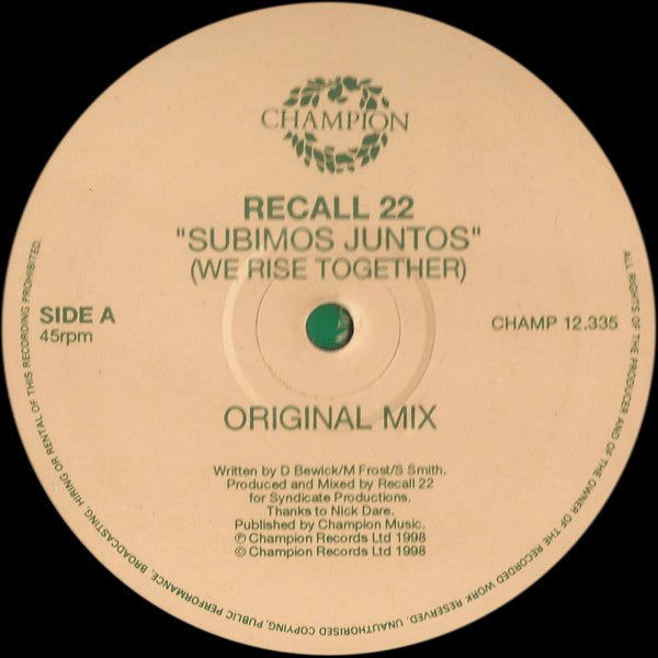 Recall 22 - Subimos Juntos (We Rise Together) - Used Vinyl Record 12