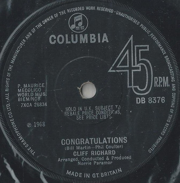 Cliff Richard - Congratulations - Used Vinyl Record 7"
