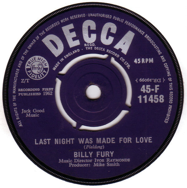 Billy Fury - Last Night Was Made For Love - Used Vinyl Record 7"