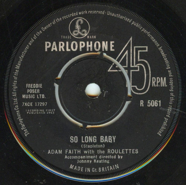 Adam Faith - So Long Baby - Used Vinyl Record 7"