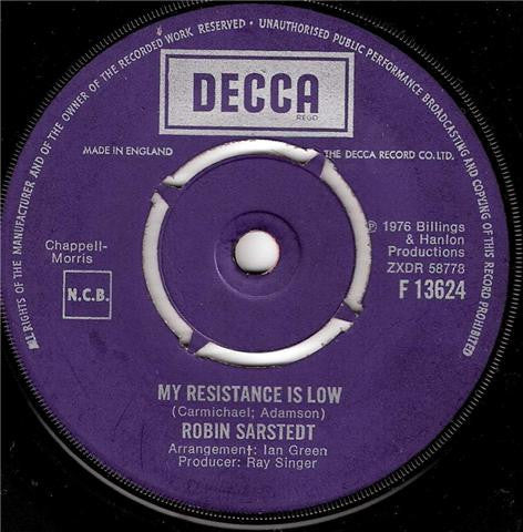 Robin Sarstedt - My Resistance Is Low - Used Vinyl Record 7"