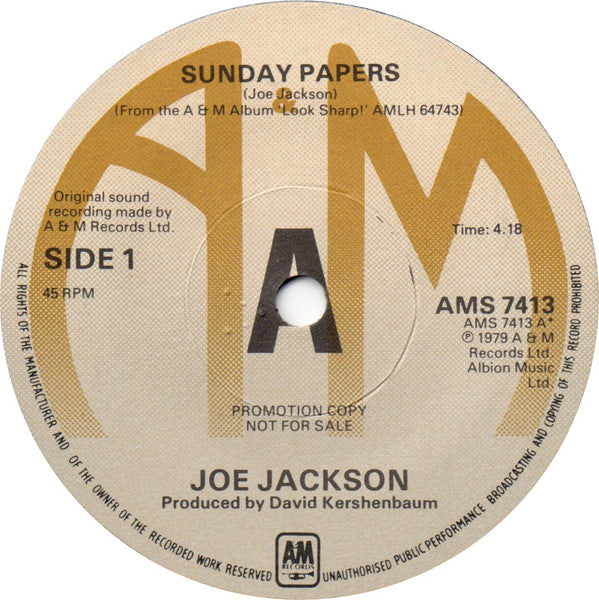Joe Jackson - Sunday Papers - Used Vinyl Record 7"