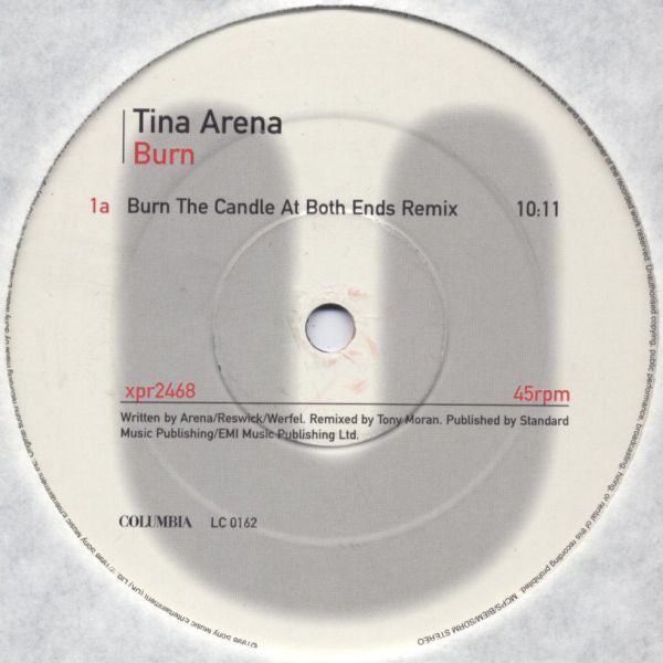 Tina Arena - Burn (Tony Moran Remixes) - Used Vinyl Record 12"