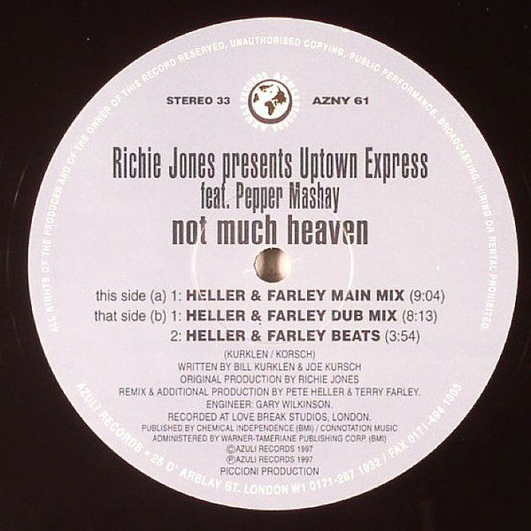 Richie Jones - Not Much Heaven (Heller & Farley Remixes!) - Used Viny