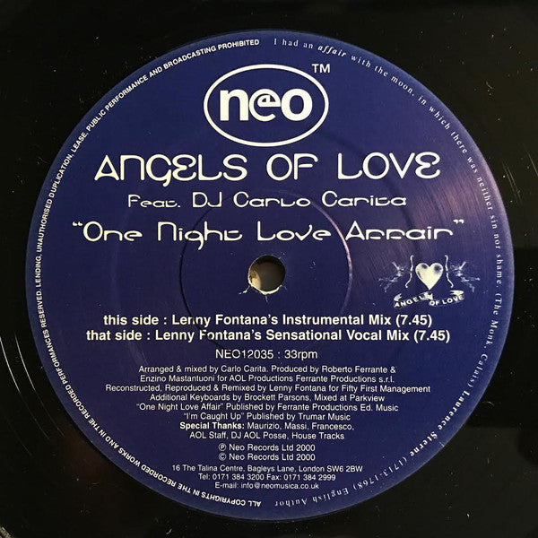Angels Of Love - One Night Love Affair - Used Vinyl Record 12"