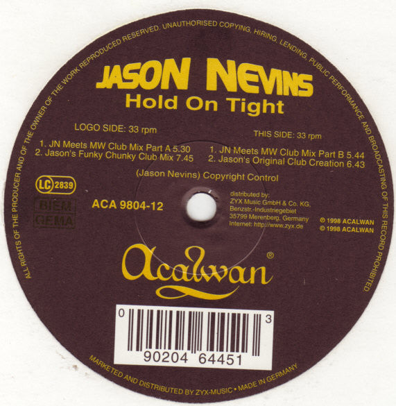 Jason Nevins - Hold On Tight - Used Vinyl Record 12"
