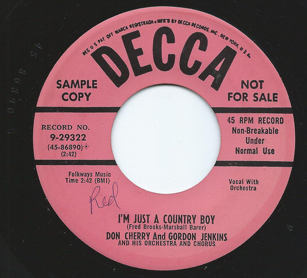Don Cherry - I'm Just A Country Boy - Used Vinyl Record 7"