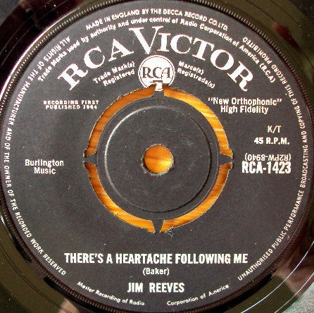 Jim Reeves - re's A Heartache Following Me - Used Vinyl Record 7"