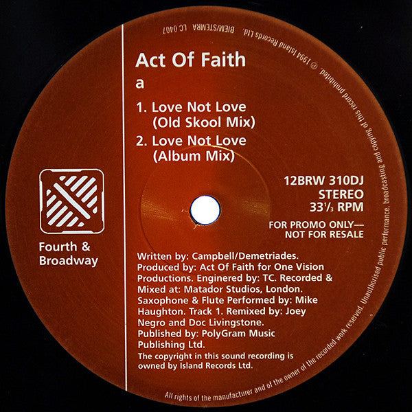 Act Of Faith - Love Not Love - Used Vinyl Record 12"