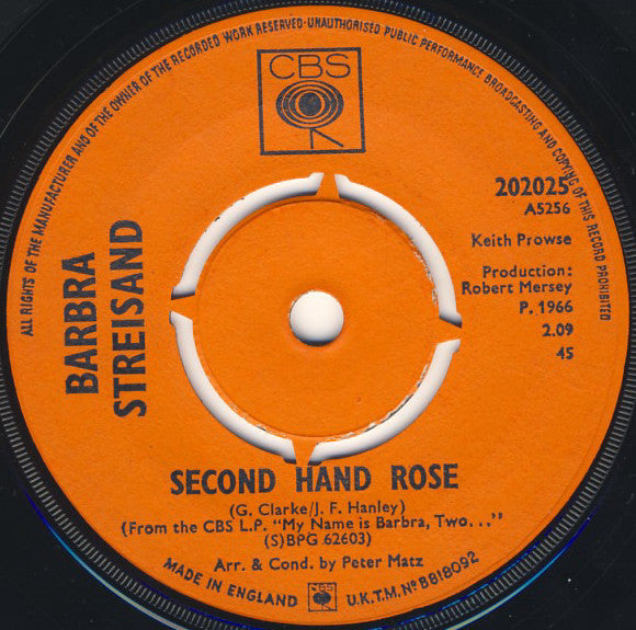 Barbra Streisand - Second Hand Rose - Used Vinyl Record 7"