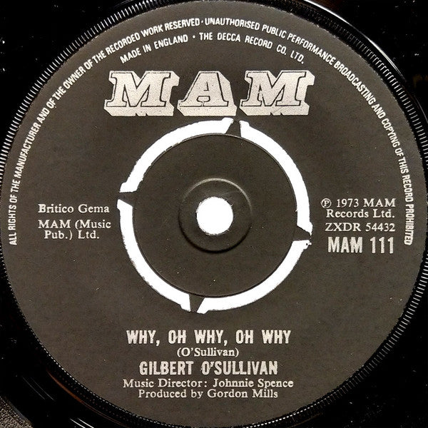 Gilbert O'Sullivan - Why, Oh Why, Oh Why - Used Vinyl Record 7"