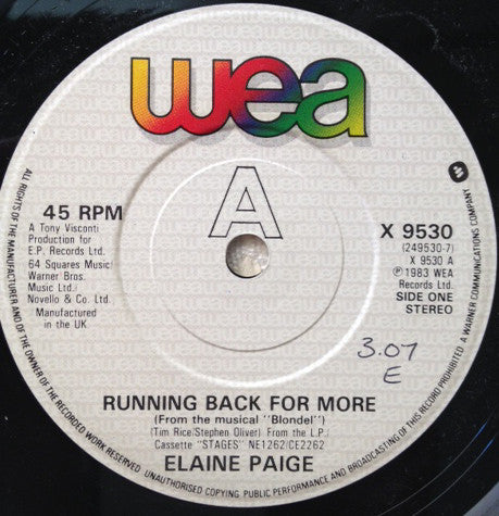 Elaine Paige - Running Back For More - Used Vinyl Record 7"
