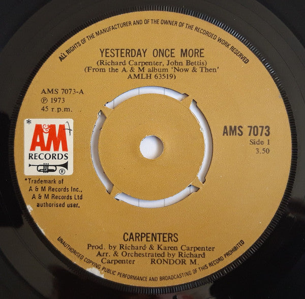 Carpenters - Yesterday Once More - Used Vinyl Record 7"