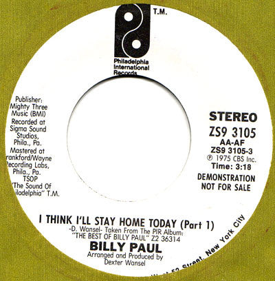 Billy Paul - I Think I'll Stay Home Today (Part 1) - Used Vi