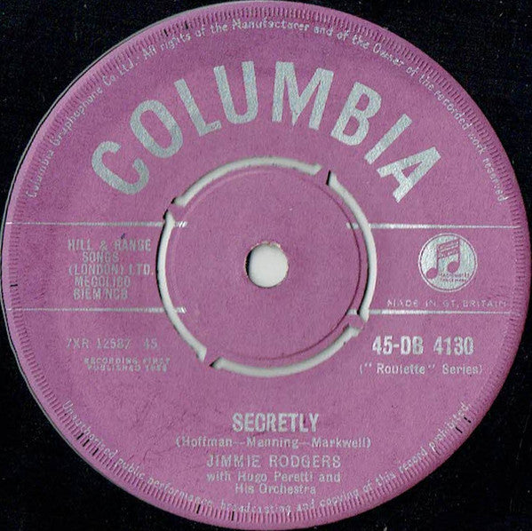 Jimmie Rodgers - Secretly - Used Vinyl Record 7"