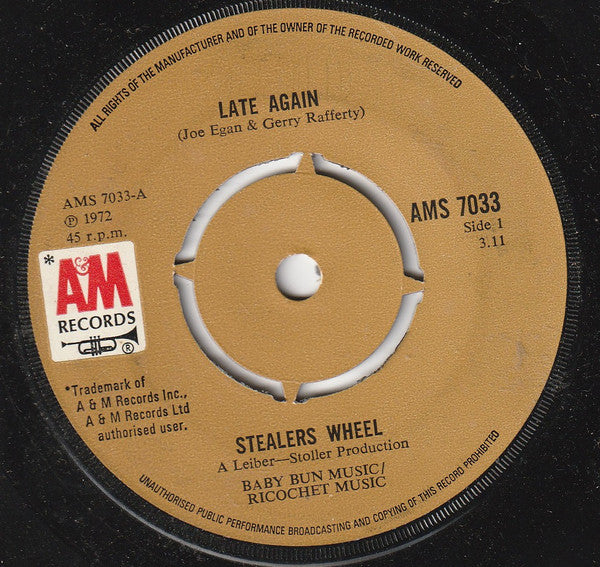 Stealers Wheel - Late Again - Used Vinyl Record 7"