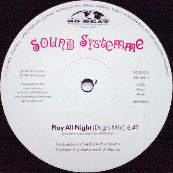 Sound Systemme - Play All Night - Used Vinyl Record 12"