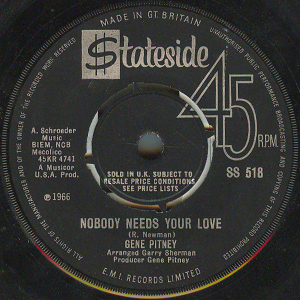 Gene Pitney - Nobody Needs Your Love - Used Vinyl Record 7"