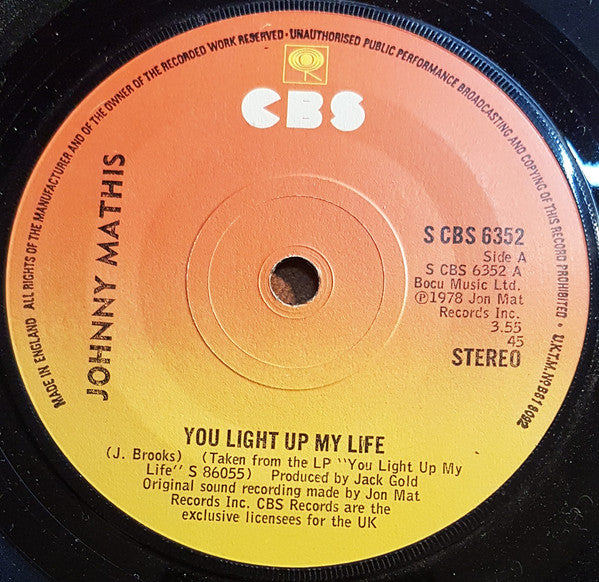 Johnny Mathis - You Light Up My Life - Used Vinyl Record 7"