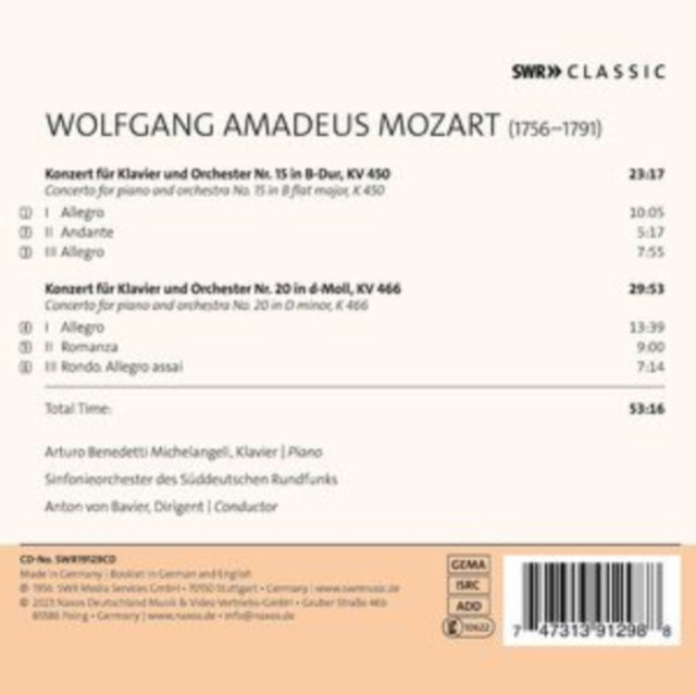 MICHELANGELI/SDR SO/ - MICHELANGELI PLAYS MOZART - CD