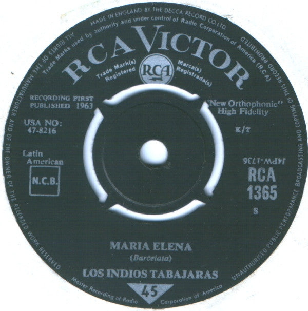 Los Indios Tabajaras - Maria Elena - Used Vinyl Record 7"