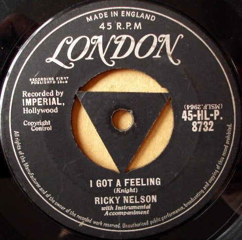 Ricky Nelson - I Got A Feeling - Used Vinyl Record 7"