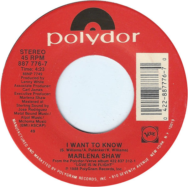 Marlena Shaw - I Want To Know - Used Vinyl Record 7"