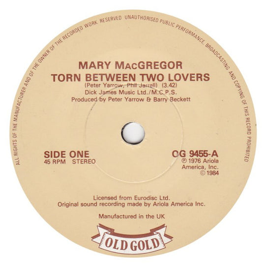 Mary MacGregor - Torn Between Two Lovers / Right Time Of The Night - Us