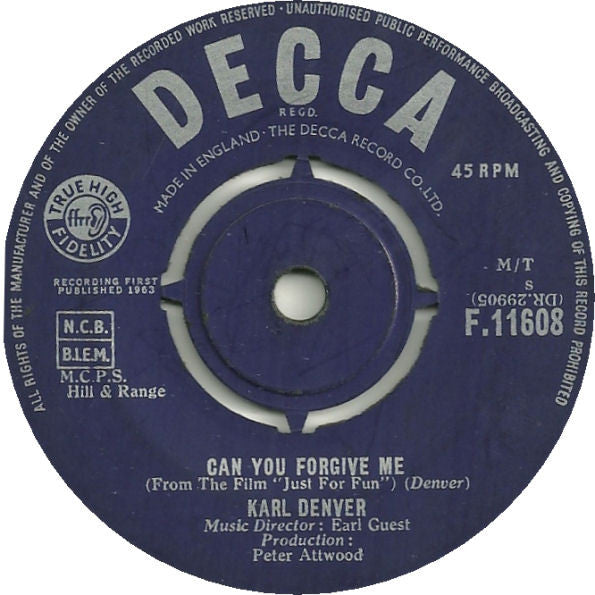 Karl Denver - Can You Forgive Me - Used Vinyl Record 7"