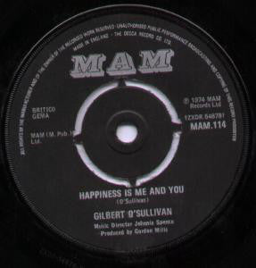 Gilbert O'Sullivan - Happiness Is Me And You - Used Vinyl Record 7"
