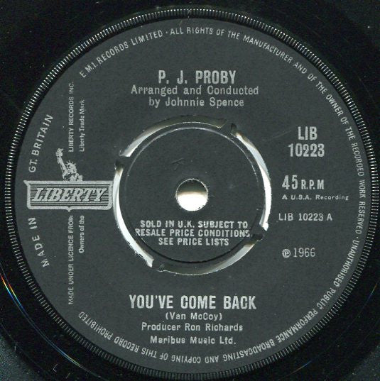 P.J. Proby - You've Come Back - Used Vinyl Record 7"