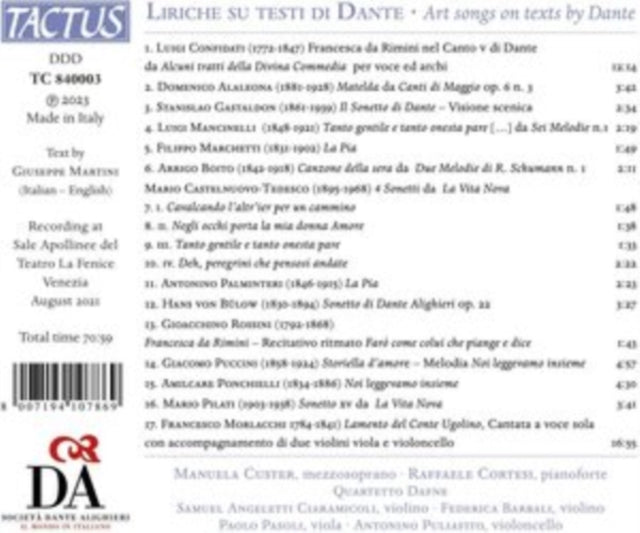 MANUELA CUSTER; RAFF - LIRICHE SU TESTI DI DANTE - CD