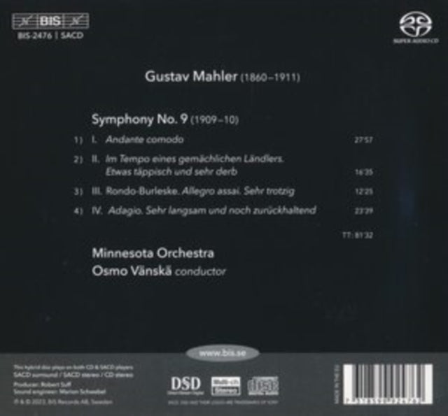 MINNESOTA/VANSKA - GUSTAV MAHLER SYMPHONY NO. 9 - CD