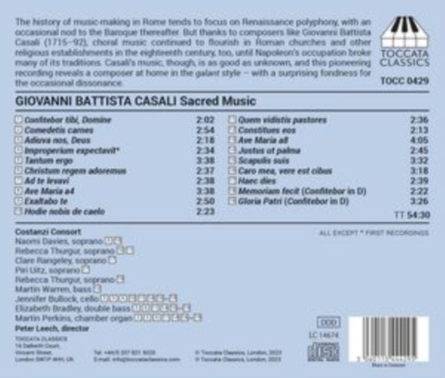 COSTANZI CONSORT - CASALI - SACRED MUSIC - CD