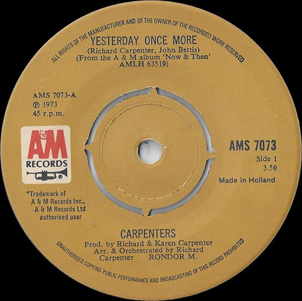 Carpenters - Yesterday Once More - Used Vinyl Record 7"