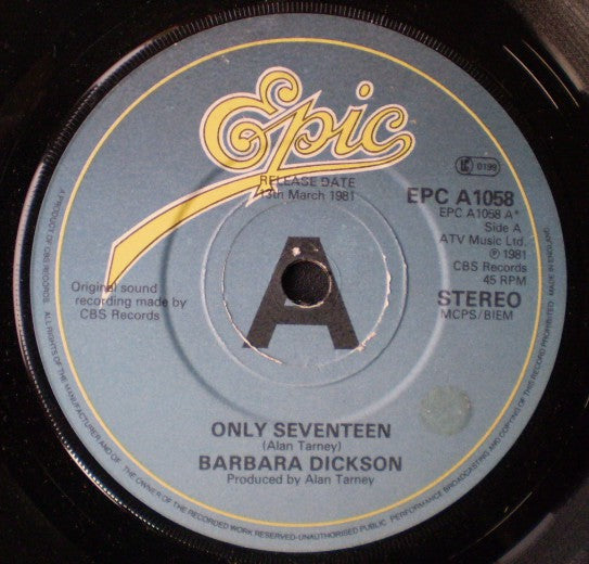 Barbara Dickson - Only Seventeen - Used Vinyl Record 7"