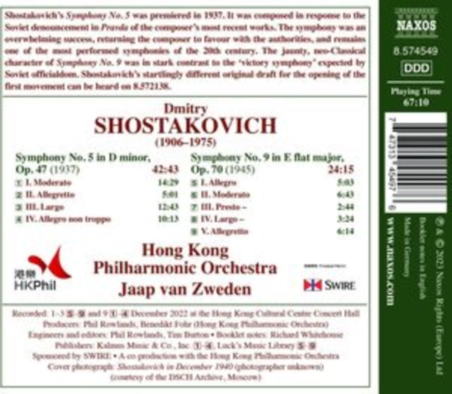 HONG KONG PO/JAAP VA - SHOSTAKOVICH - SYMPHONY 5/9 - CD