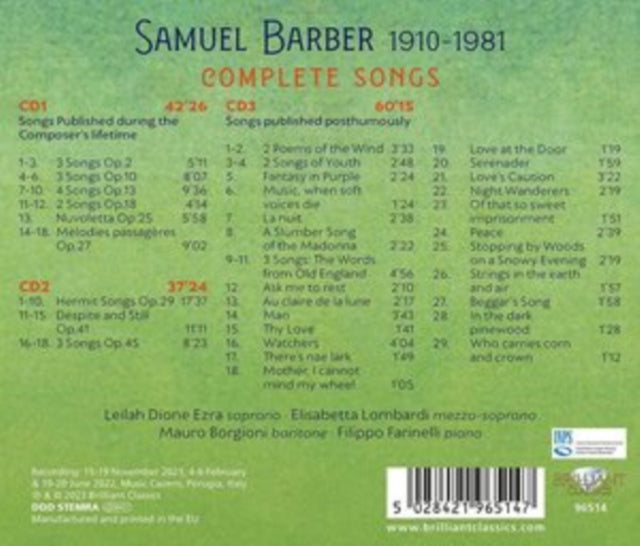 LEILAH DIONE EZRA/EL - BARBER COMPLETE SONGS - CD
