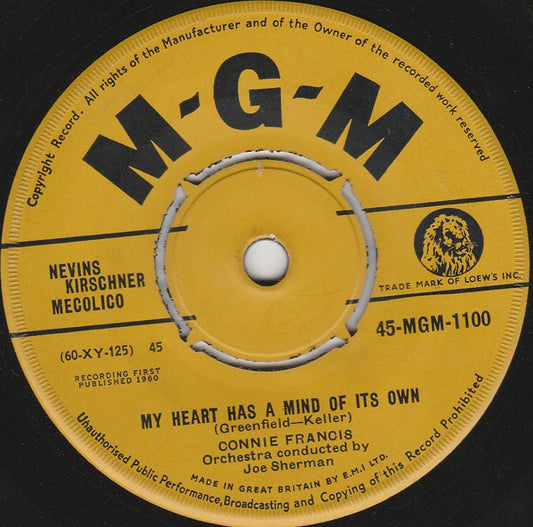 Connie Francis - My Heart Has A Mind Of Its Own - Used Vinyl Record 7